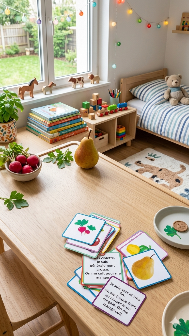 Cartes carrées du jeu de devinettes Fruits et Légumes avec texte au recto et illustration au verso orthophonie auto-correction